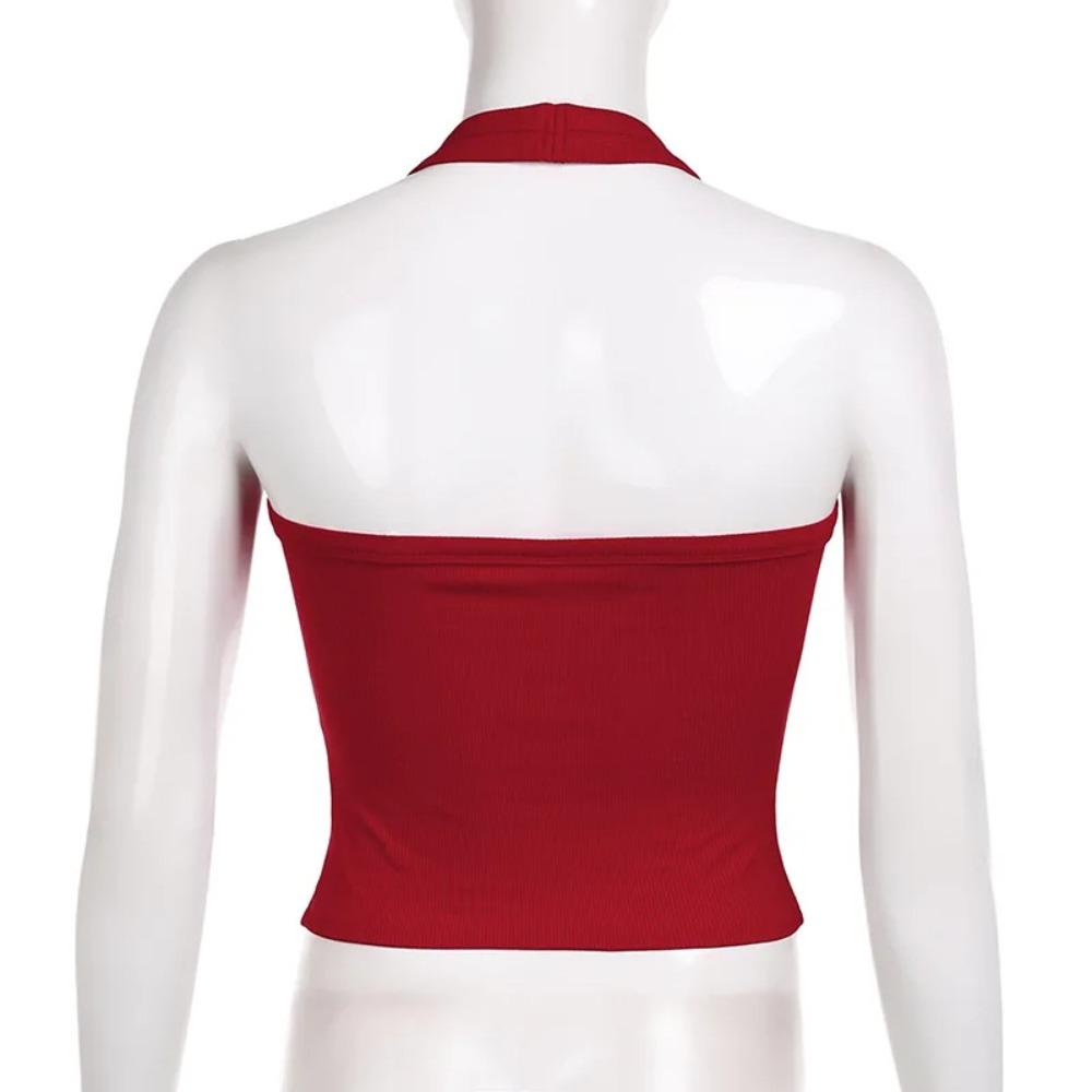 Retro Monogrammed Choker Vest Polyester Hanging Neck High Street Crop Tops Knit Tank Top Open Back Sexy Backless Red Top Women