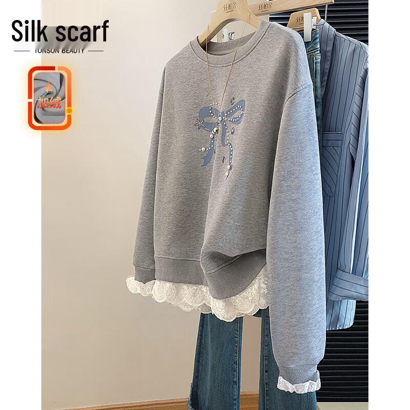

Women s Beaded Bowknot Print Fleece Sweatshirt One Size
