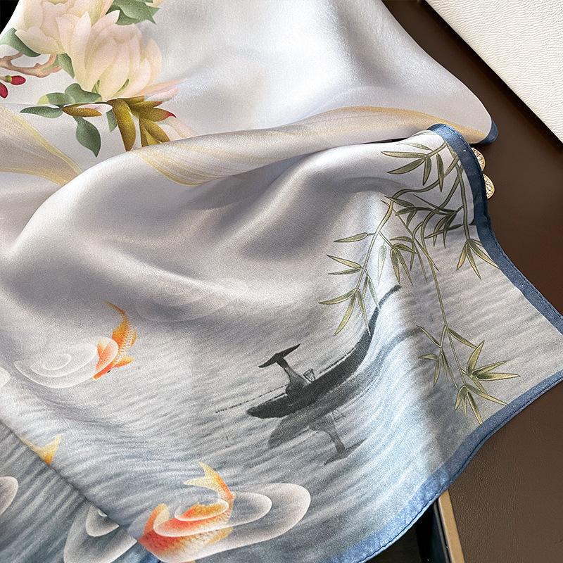 Flower 100% Silk Square Scarf Women Satin Shawl Wrap Hijab Female Hair Band Wrist Luxury Headkerchief Echarpe  Bandana