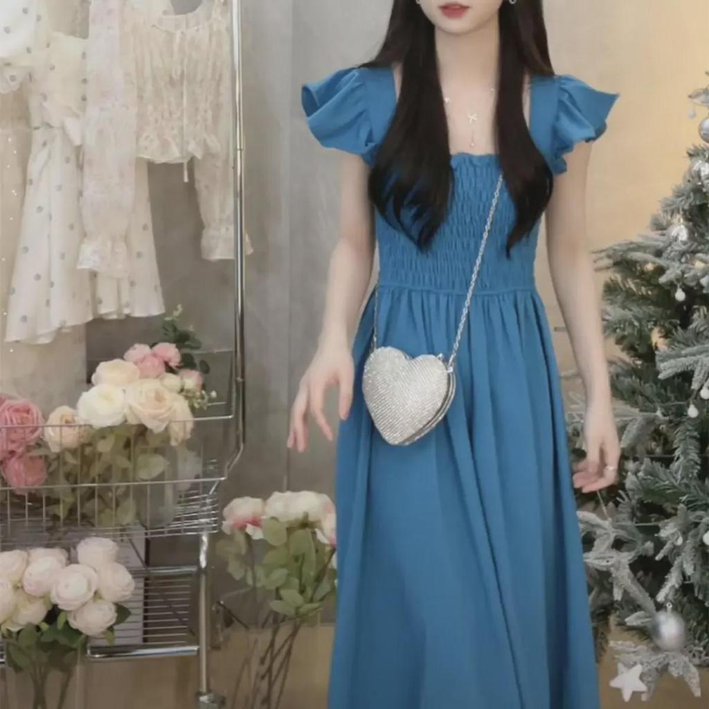 2023 Summer French-Style Pleated Waist Midi Dress with Flutter Sleeves and Square Neck