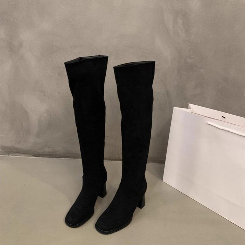 

Винтажные плиссированные женские сапоги до колена, обувь, осень-зима, женские элегантные с квадратным носком, на толстом каблуке, длинные боты 38 чёрный
