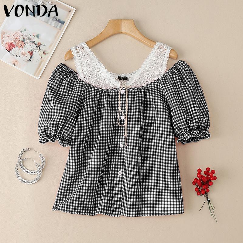 

VONDA Женские летние топы с коротким рукавом и без бретелек, кружевные, в стиле пэчворк, с клетчатым принтом 5XL чёрный