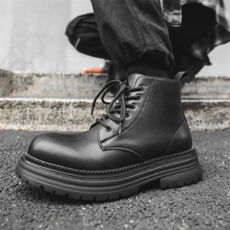 Hight Quality Classic British Street Style Leather Boots For Men Solid Black Hombre Daily Casual Dress Height Increasing Shoes