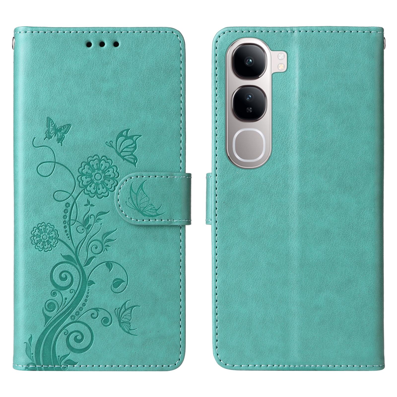 

Phone Case For vivo Y300 5G/V40 Lite (Indonesia) 4G/5G/Y200 5G Wallet Stand Butterfly Floral Imprint Leather Cover Green