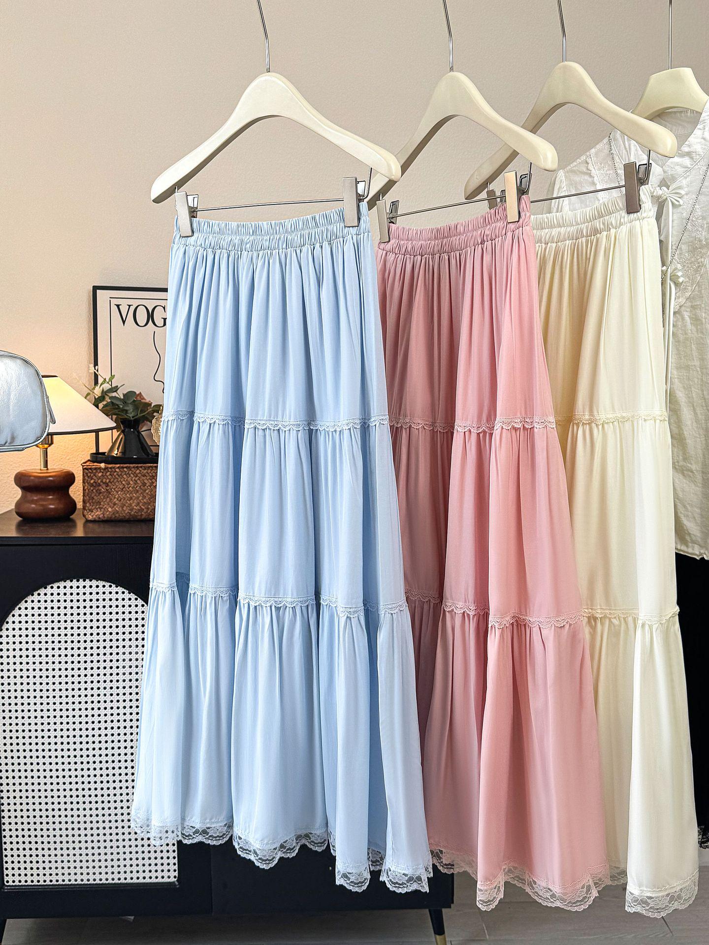 

Women s Versatile White Patchwork Lace Trim Midi Skirt - 2026 Summer Collection One Size синій