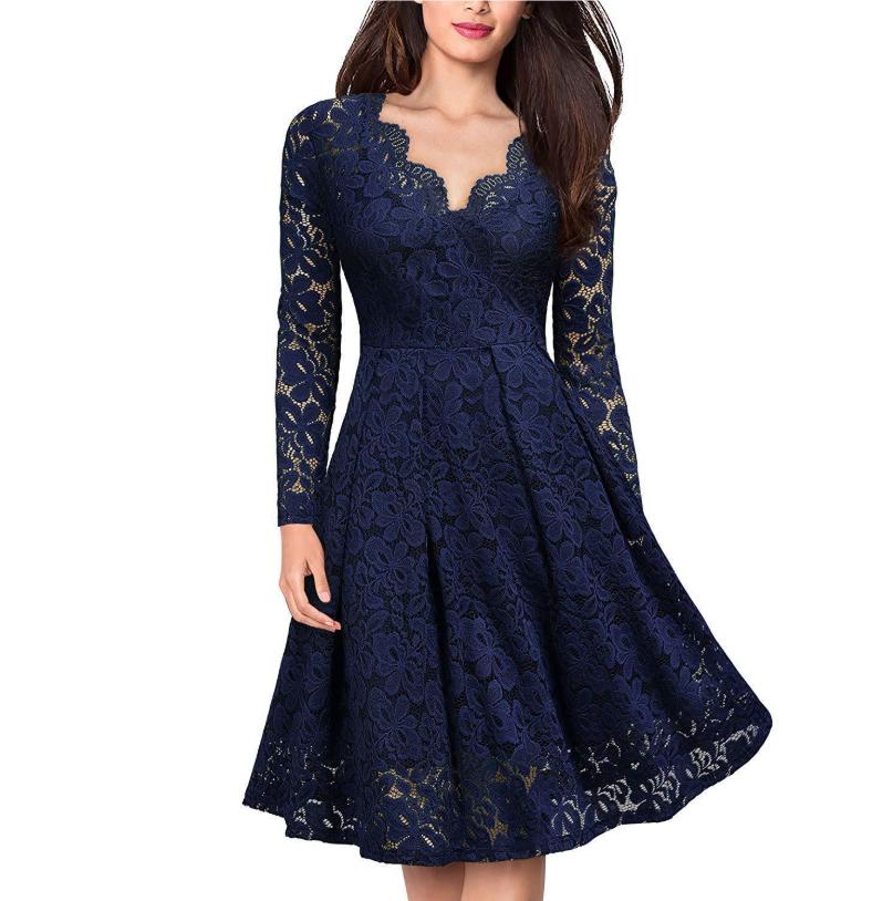 Women Lace A-Line Dress Spring Autumn V Neck Long Sleeve Lace Crochet Patchwork WineRed Slim Party Dresses