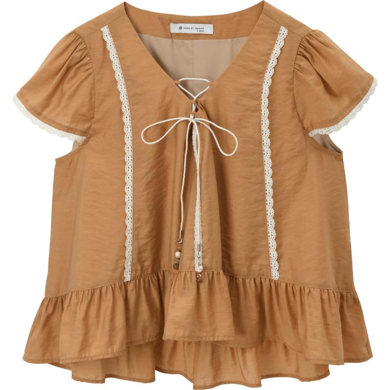 Women s French Style Orange V-Neck Puff Sleeve Blouse M