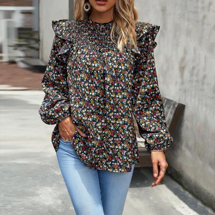 Chic Women Autumn O Neck Printed Flying Sleeve Pleated Blouse Commuter Fragmented Temperament Shirt
