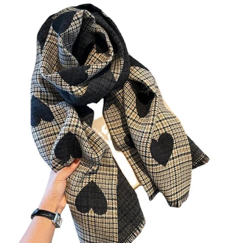 New Women's Autumn/Winter Style Women's Double Sided Large Love Grid Warm and Cold Proof Scarf Fashionable and Versatile