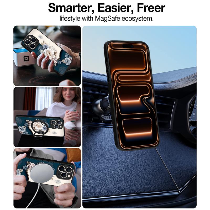 Translucent Matte Magnetic Case For iPhone 17 16 15 Pro 14 13 Pro Max 16e 17e For Magsafe Elegant 3D Floral Hard PC Back Cover