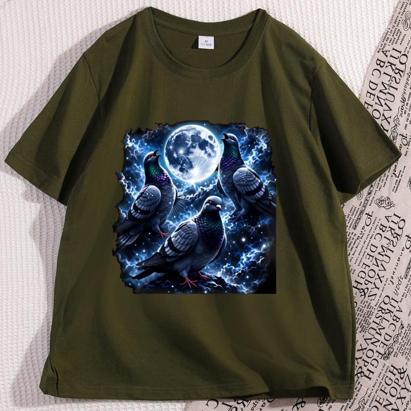 

Three Pigeon Moon Graphic TShirt Funny Bird Tee Silly Vintage Pigeon Galaxy T Shirt Shirt 90s Short Sleeve Round Neck Tshirt 4XL