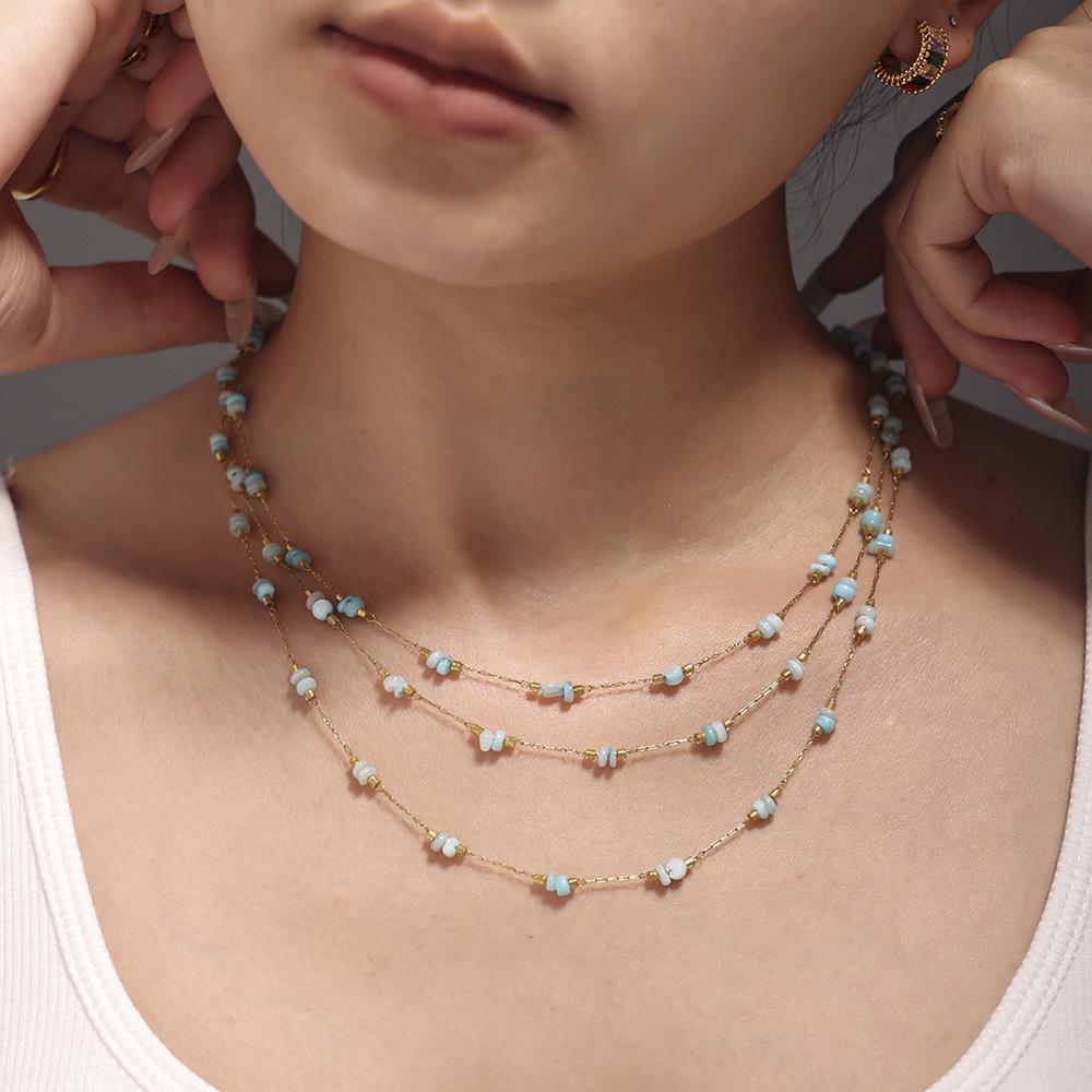Qiong Yao Tianhe Stone Layered Clavicle Necklace: Light Luxury Double-Layer Stainless Steel Blade Chain for Women