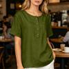 Women Short Sleeve Henley Neck Button Down Linen Cotton Shirt with Chest Pocket Relaxed Fit Casual Top Blouse for Daily Wear