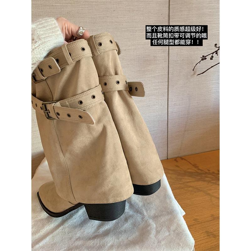 Cowhide Version~ Danish Trouser Boots Pointed Buckle 6cm Thick Heel Desert Cowboy Boots Stacked Short Boots Women's Western Boots