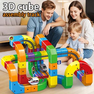 Cube DIY Assembly Rail Car Toys Kids Puzzle Electric Train Toys Intellectual Building Blocks Birthday Christmas Xmas Gift