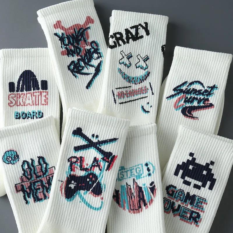 New Cyberpunk Style White Cartoon Gameing Socks for Men and Women Game Over Socks Cotton Women Ins Style Funny Happy Socks