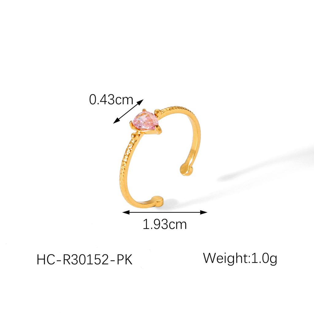 French Light Luxury 18K Gold Plated Stainless Steel Zircon Inlaid Retro High-end Teardrop Hammered Open Ring for Women