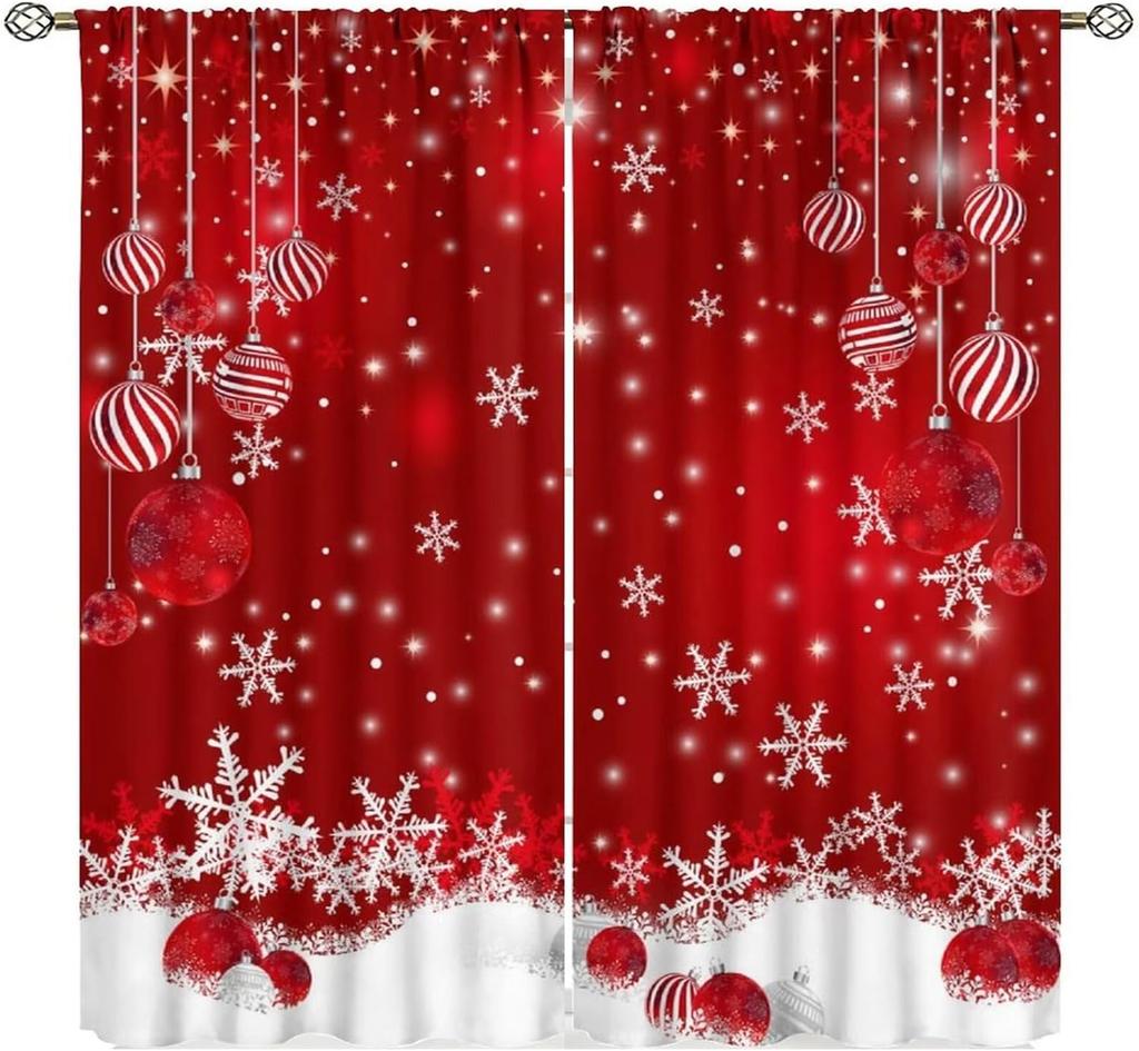 Christmas Curtains Red White Snowflakes Xmas Merry New Year Winter Holiday Party Decor Window Drapery Treatments Curtain Made Of Polyester