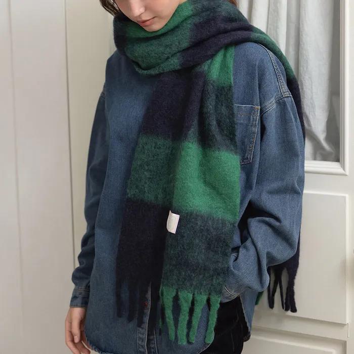 Block Check Wool Blended Muffler MF8222 Green