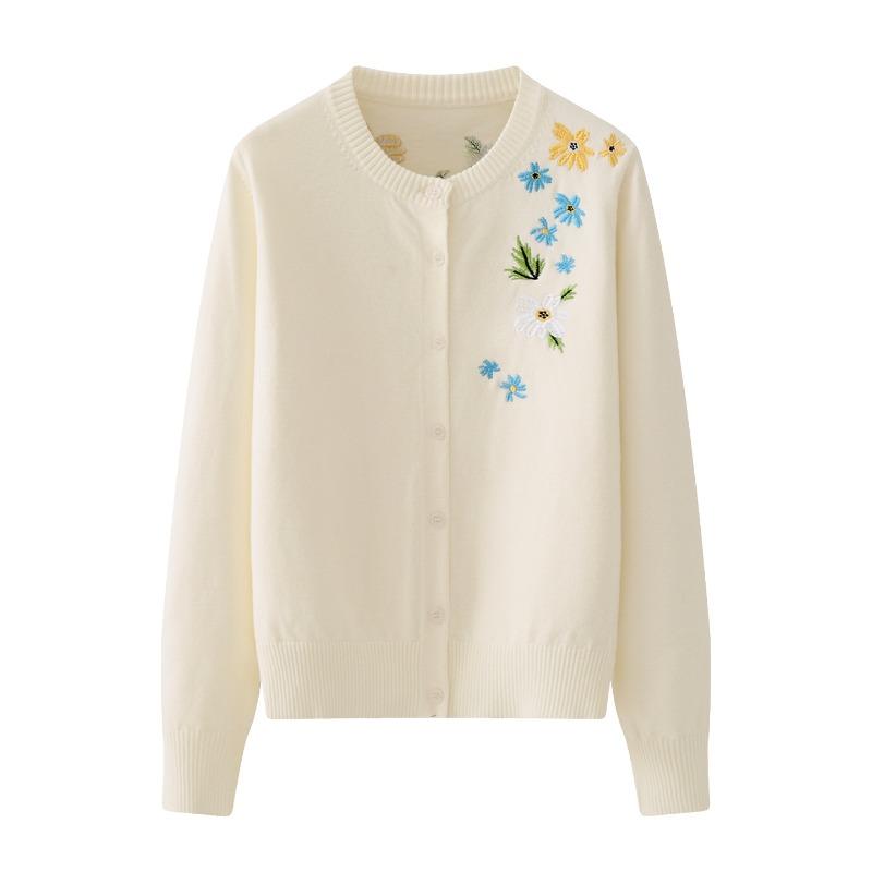 Autumn Winter Fashion Loose Embroidered Knitted Cardigan Sweater Women's Round Neck Coat Solid Color New Casual Long Sleeved Office Simple Clothing