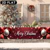 Merry Christmas Long Strip Fence Banner, Santa Snowman Reindeer Gingerbread Tree Red Background Golden Ornaments Design, Polyester Outdoor Decoration