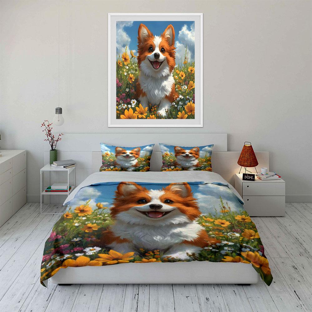 Cute Corgi In Vibrant Flower Field Duvet Cover Set With 3D Printing Design Soft Polyester Bedding Set All-Season Comfort