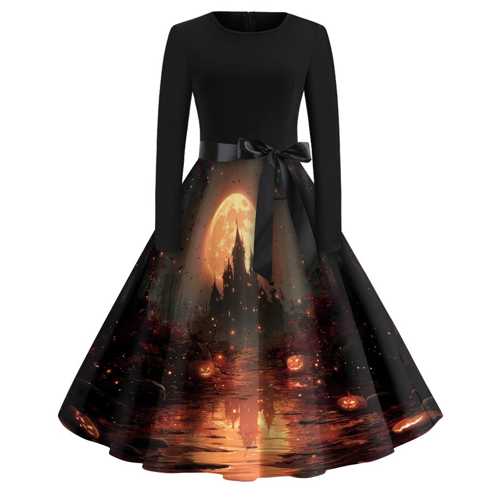 Women's Halloween Print Round Neck Dress, Vintage Casual Swing Dress for Party