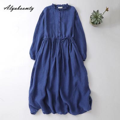 Japanese Mori Girl Spring Autumn Women Midi Dress Ruffled Collar Navy Blue Lace Up Dress Long Sleeve Vintage Elegant Cotton Dress
