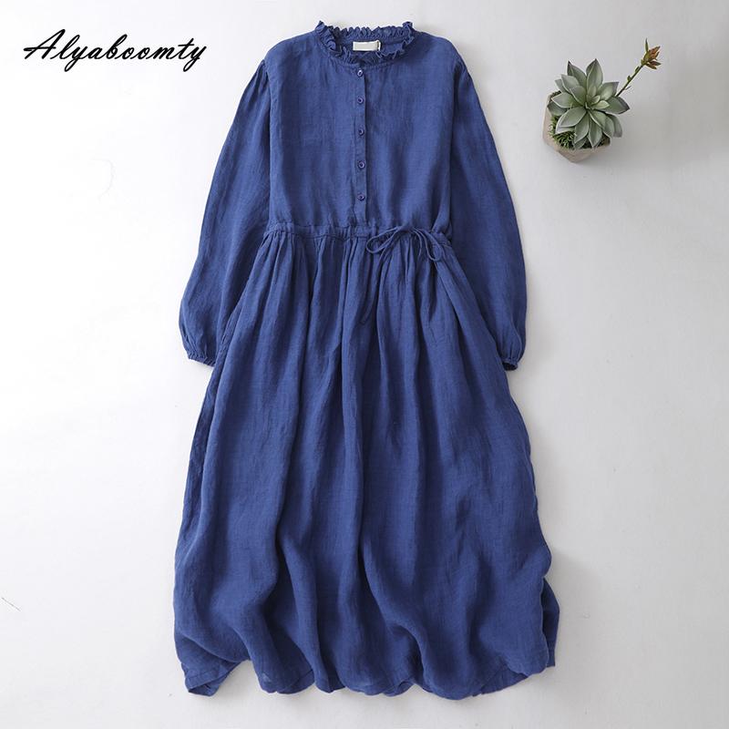 

Японское платье миди Mori Girl весна-осень для женщин, темно-синее платье со шнуровкой и оборками, с длинным рукавом, винтажное элегантное хлопковое платье XXL темно-синий