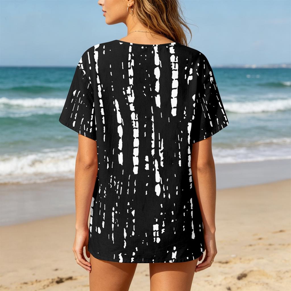 Women’s Casual Printed Henley Button Neck Short Sleeve Cotton Linen Shirt with Chest Pocket and Relaxed Fit for Everyday Wear