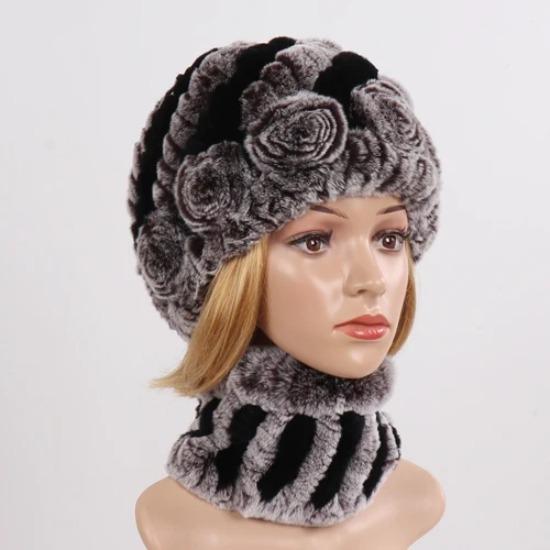 New Good Elastic Lady Winter Rex Rabbit Fur Hats Scarves Knitted Women Natural Fur Caps Scarves Sets 2 Pieces Hats Mufflers