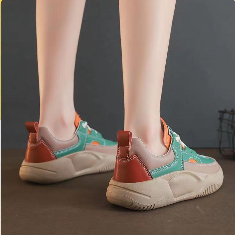 Trendy Mixed Color Sneakers New Women's Leather Thick Bottom Low-top Casual Shoes Comfortable Walking Flats Zapatillas Mujer