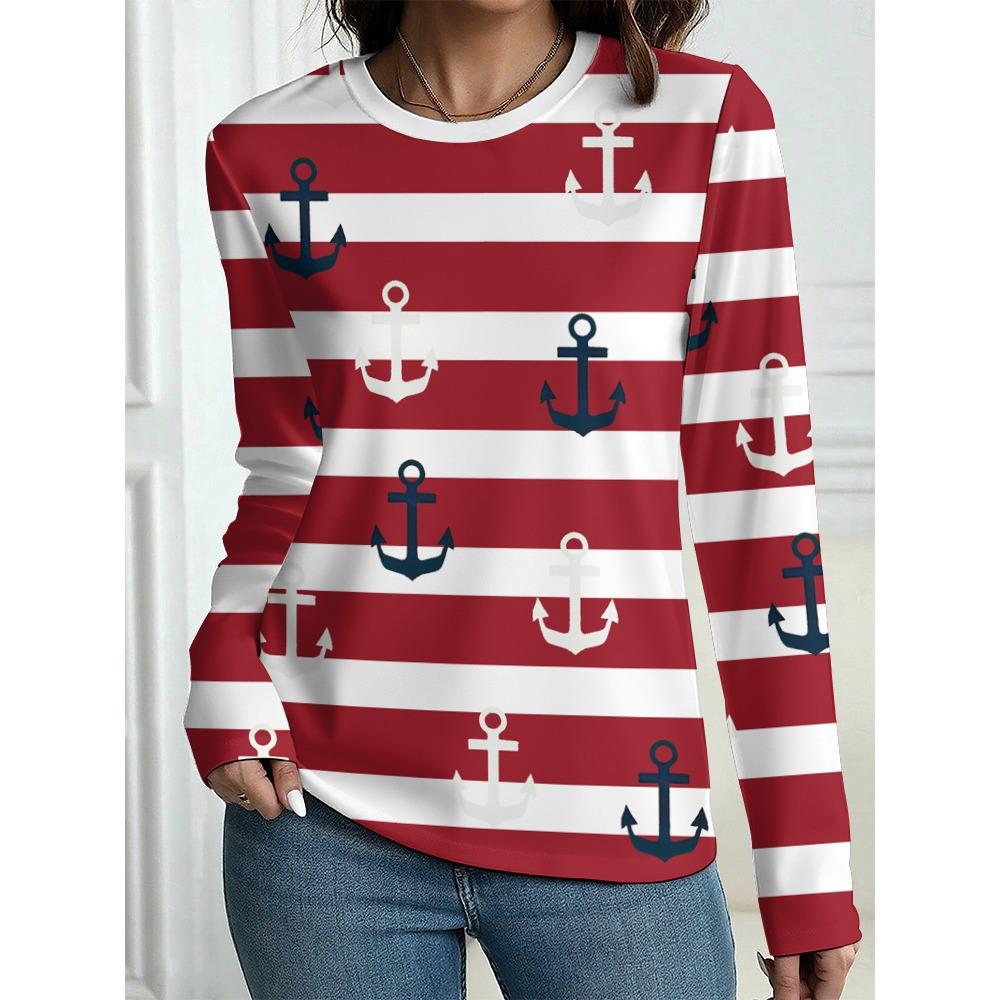 Damen T-Shirt Outdoor Freizeit Langarm Gestreift Anker Muster 3D Druck Oberteile Straße Rundhals Herbst Übergroß Kleidung