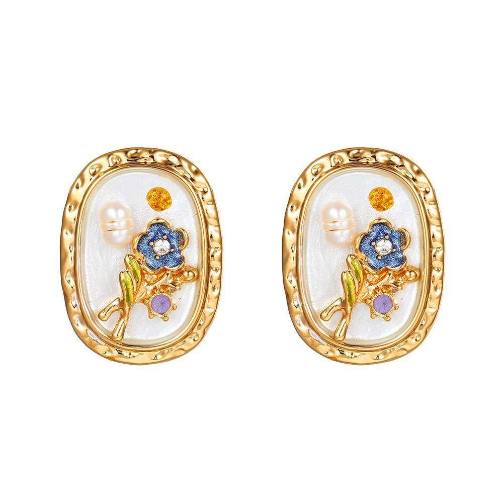 Monet Garden Oil Painting Style Natural Freshwater Oil Painting Style Stud Earrings Female Retro Temperament Court Style Earrings