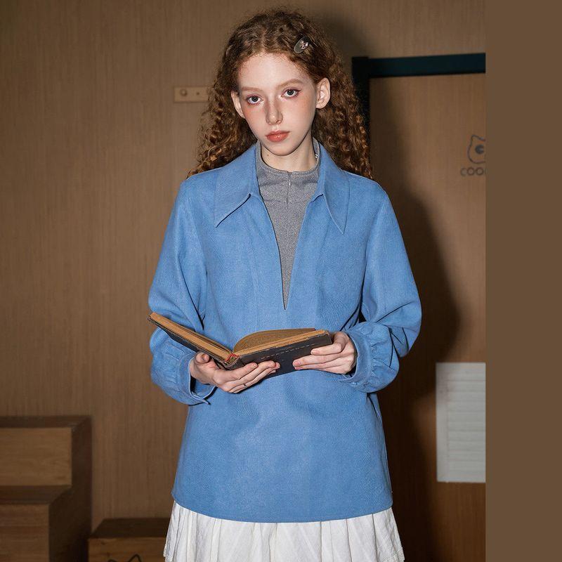 Coolhut Blue Lazy Style Retro Corduroy Shirt Women's Loose Casual Versatile Top