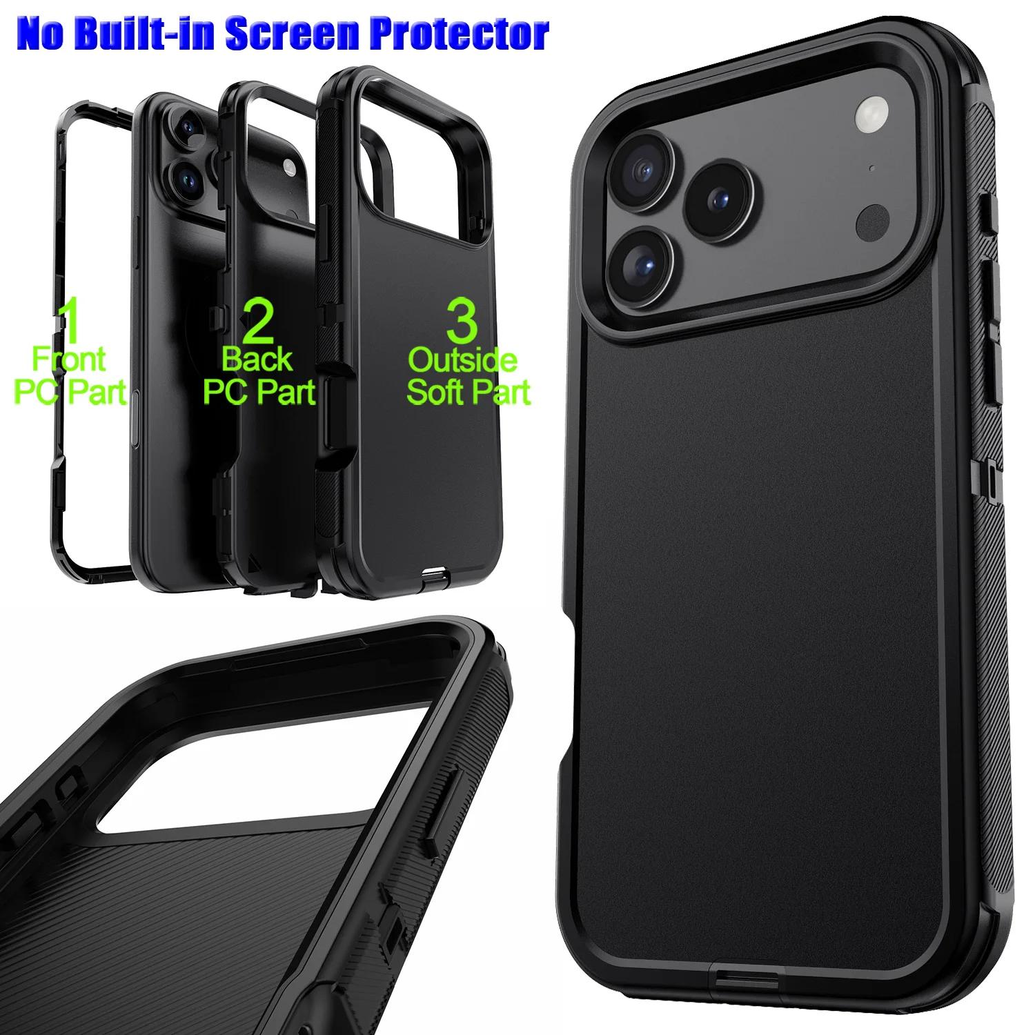 

Enhanced Anti-Drop 3IN1 Black Defender Phone Case For IPhone Air 17 Pro Max 16 E 15 14 Plus 13 12 11 Hard Ott Armor Box Dustproof Anti-drop Cover iPhone17 чёрный