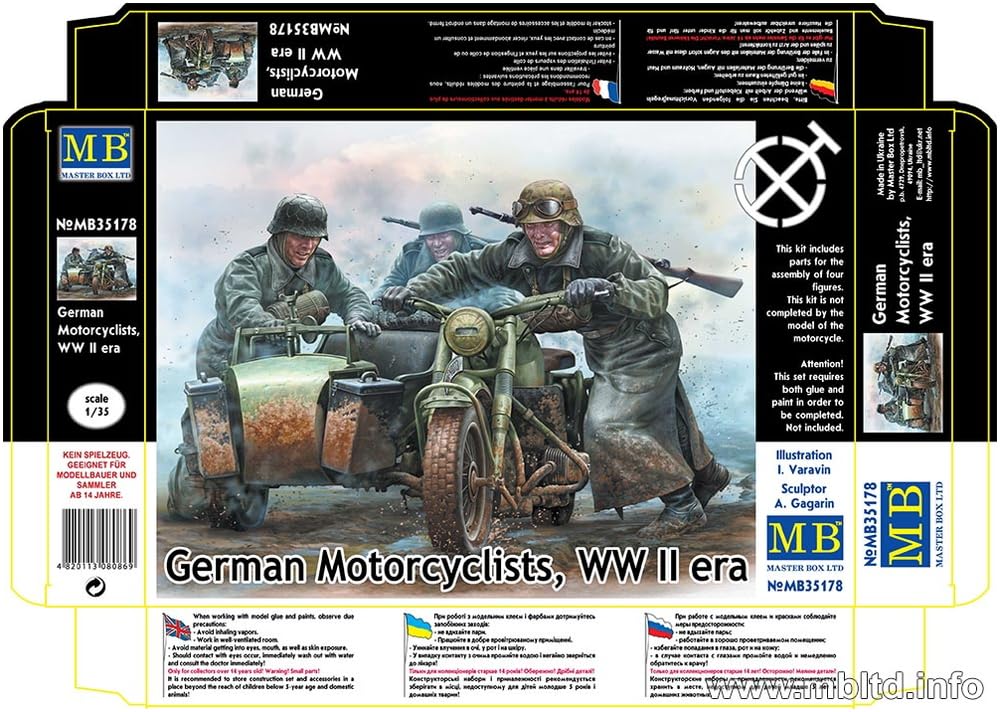 Master Box 1/35 Scale German Motorcycle Soldier (4 Figures), Coat Style, Rough Road Escape Scene, Second World War Plastic Model Kit, MB35178