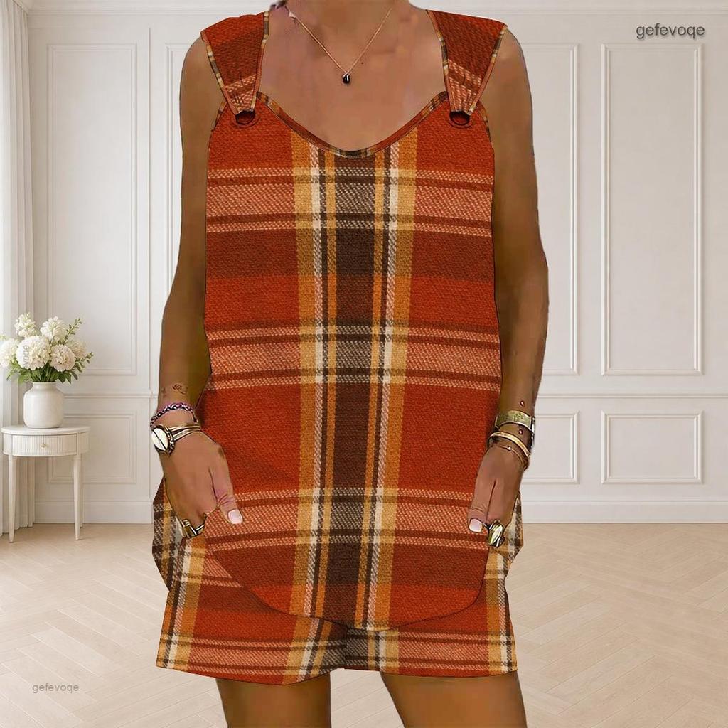Women Plus Size Red Plaid Printed Sleeveless V Neck Ring Strap Tank Top And Pocket Shorts Two Piece Set