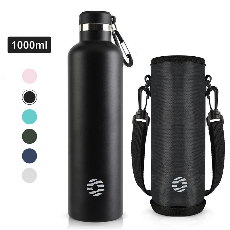 

Fjbottle 1000 мл Спортивна пляшка з нержавіючої сталі з вакуумною ізоляцією, з карабіном, герметична, без BPA, Термопляшки 1000ML чорний