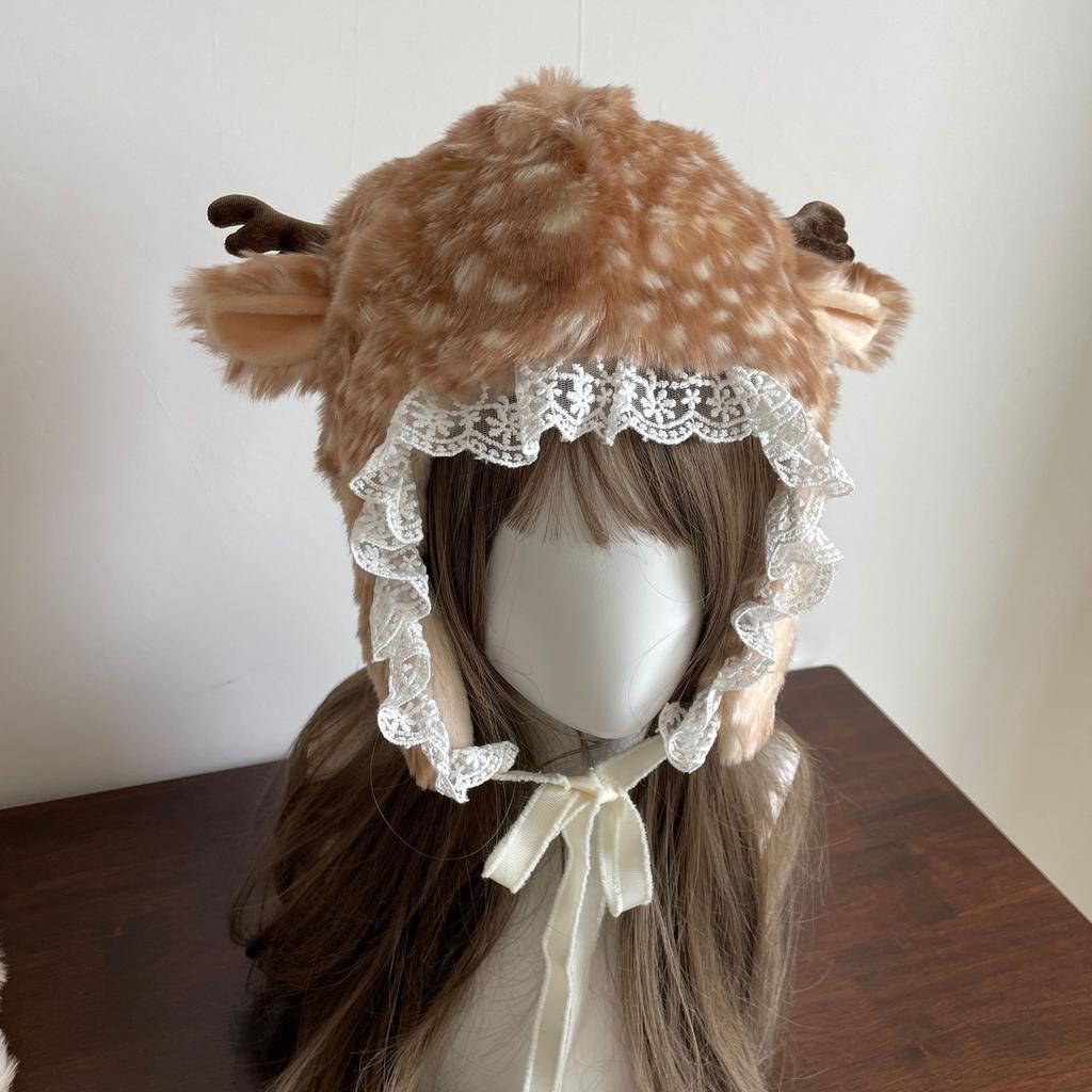 Japanese Style Women's Plush Realistic Cute Lace Reindeer Thickened Warm Ear Flap Lei Feng Hat
