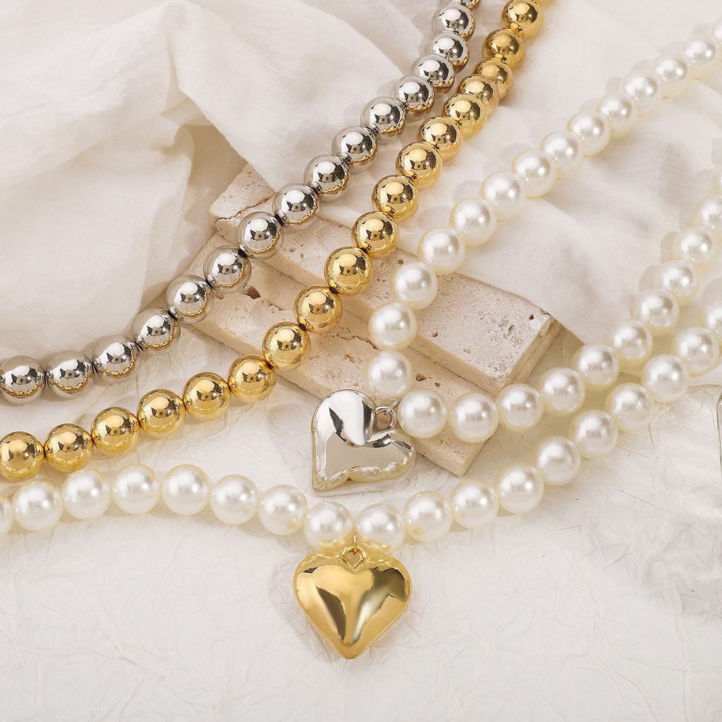 Layered Faux Pearl Necklace Gold-Tone Heart Pendant, Imitation Pearl Zinc Alloy Bead Chain, Statement Stackable Choker For Women Daily Wear & Gifting
