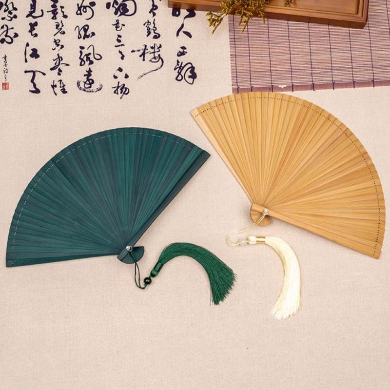 Artisanal Bamboos Folding Hand Fan Minimalists Handmade Craft Cooling Fan with Tassels Festivals Teas Ceremonies Decors