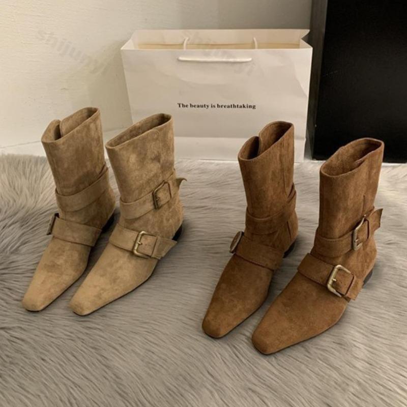 Fashion 2025 New Suede Ankle Boots Metal Buckle Belt Sexy Square Toe Suqare Heel New Arrivals Fashion Women Low-heel Modern Botas Mujer