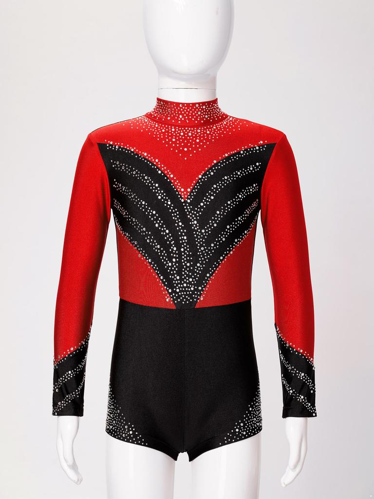 Kids Girls Stylish Clothing Long Sleeve Stand Collar Shiny Rhinestone Decor Contrast Color Gymnastic Dance Jumpsuit