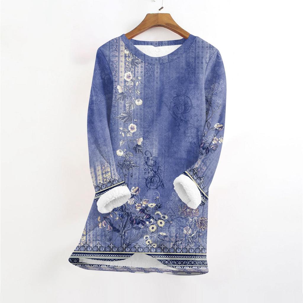 Women's Fashionable Printed Round Neck Long Sleeved Plush Warm Pullover Top