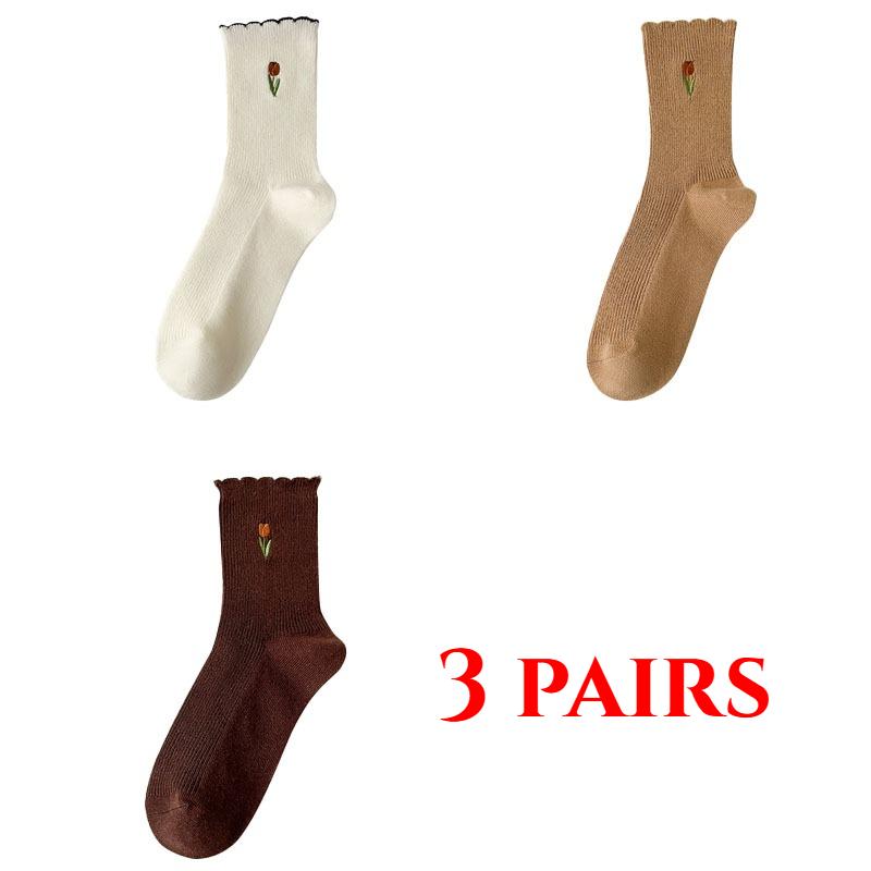 3 Pairs of Women's Socks Set Spring and Summer Thin Breathable Ruffle Edge Socks All Cotton Cute Women's White Printed Socks