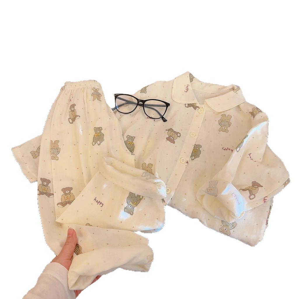 Children'S Pure Cotton Gauze Loungewear Boys And Girls Double Yarn Printing Set Doll Collar Pajamas Pajamas Cardigan Spring And Summer