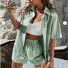 Sommer Freizeit Gestreift Damen Zweiteiliges Set Kurzarm Locker Hemd Oberteil und Shorts Anzug Damen Mode 2-teilige Sets Weiblich