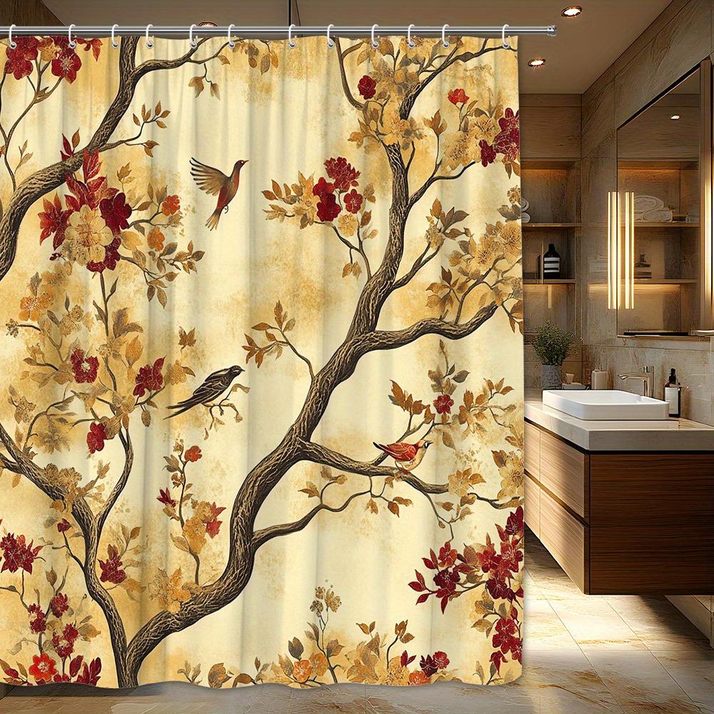 

Autumnal Flowers & Birds Shower Curtain - Vintage Style, Cream With Red & Orange Leaves, Polyester, Machine Washable W60H190(CM)-1 Pcs