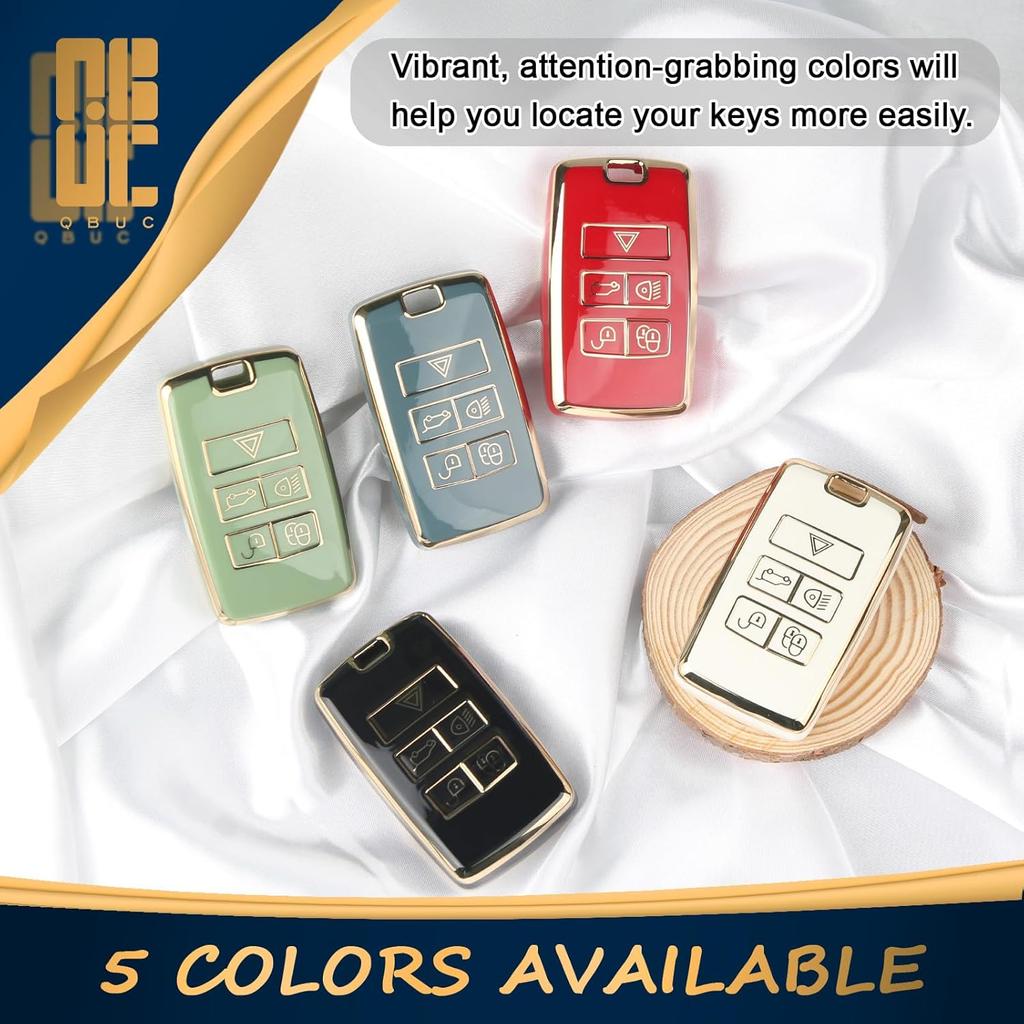 QBUC For Land Rover Key Fob Cover With KeyChain Soft TPU Gold Trim Key Case Full Protection Compatible With 2018-2026 Land Rover Range Rover Evoque